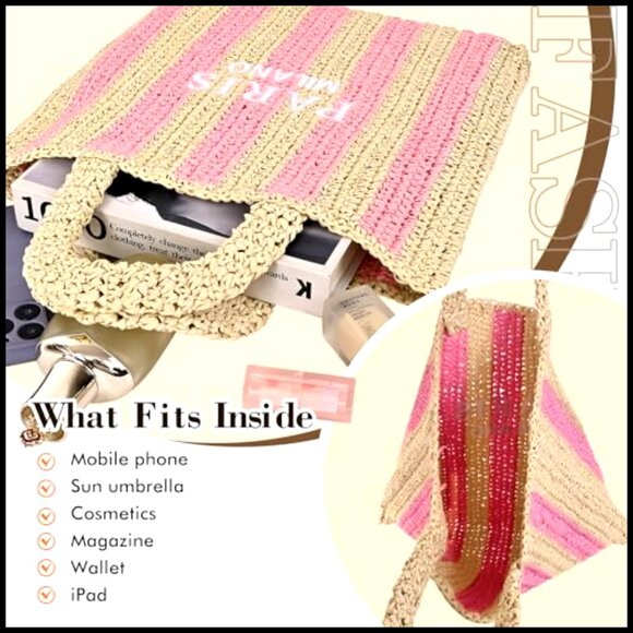 Woven Straw Tote Bag Packable Summer Beach Vacation Boho Chic Handbag - Picture 5 of 7
